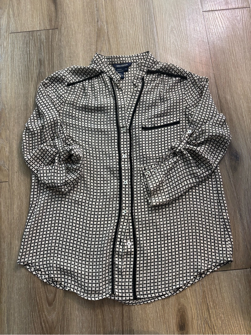Max Edition Black and Cream Checked Piped Button-Up Blouse